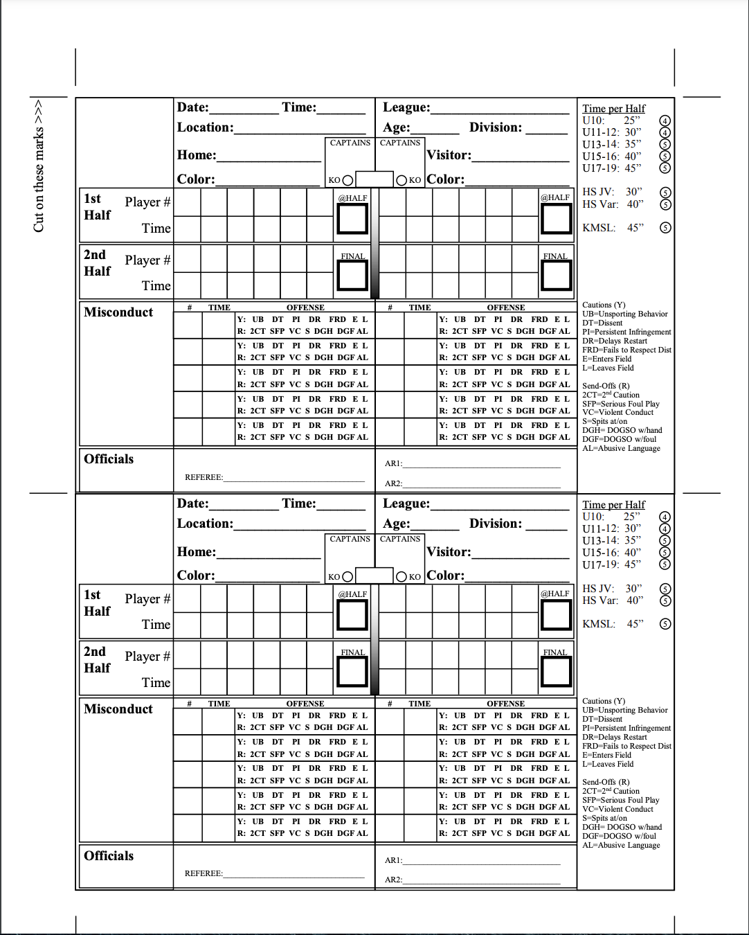 Soccer Score Sheet