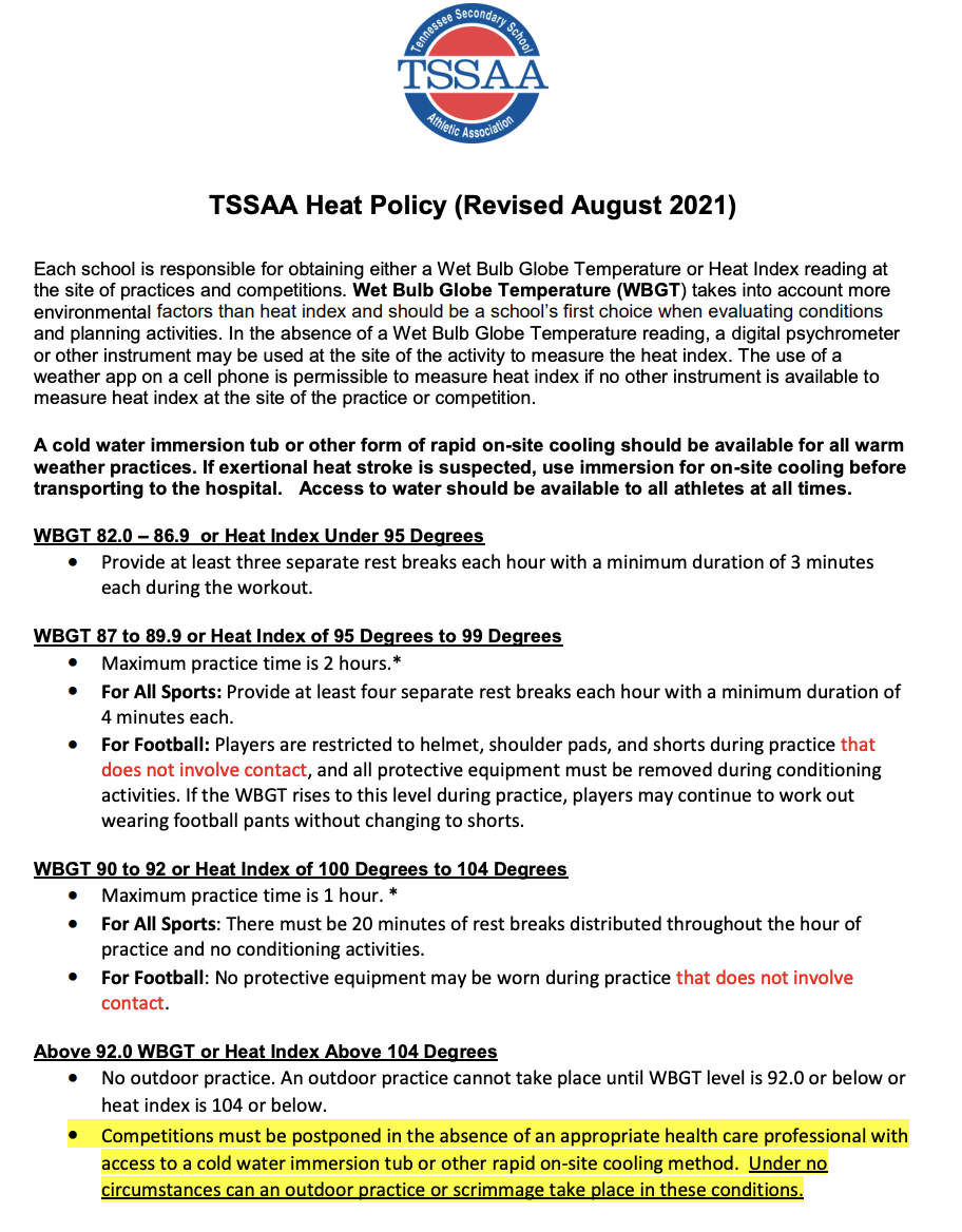 TSSAA Heat and Safety Index Tennessee Valley Soccer Referee Association